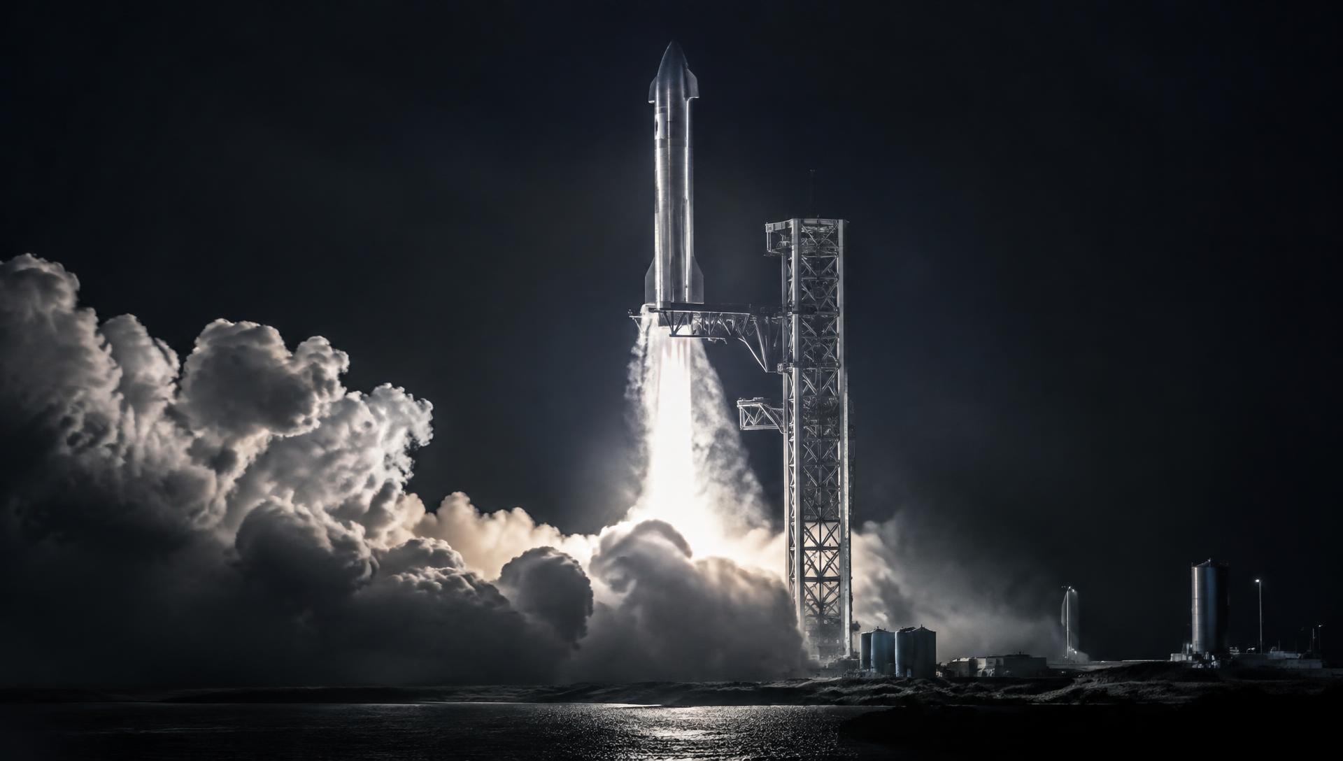 Rocket launching from a Texas launch pad at night